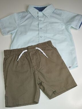 Perry Ellis Pale Blue Green S/S Button-Up Shirt Brown Shorts Set Size 3T